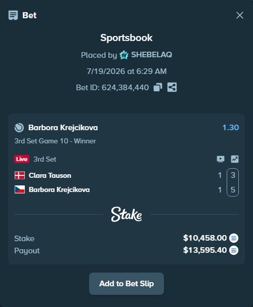 Bet slip: Clara Tauson - Barbora Krejcikova, $10,092.57 stake at 1.30 odds, placed by SHEBELAQ
