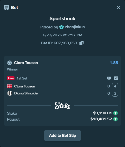 Bet slip: Clara Tauson - Diana Shnaider, $10,000.00 stake at 1.85 odds, placed by zhanjinkun