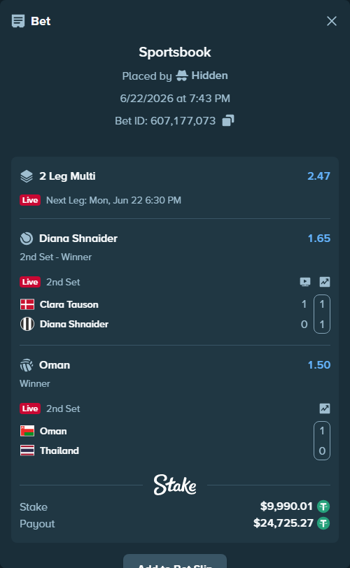 Bet slip: Clara Tauson - Diana Shnaider, $10,000.00 stake at 1.65 odds, placed by Hidden