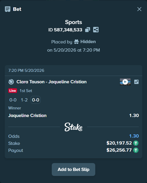 Bet slip: Clara Tauson - Jaqueline Cristian, $20,217.71 stake at 1.30 odds, placed by Hidden