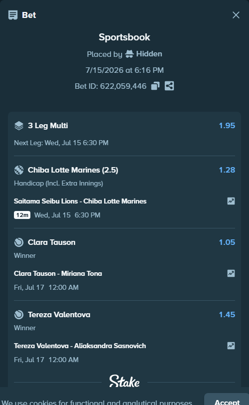 Bet slip: Clara Tauson - Miriana Tona, $10,000.00 stake at 1.05 odds, placed by Lorenc2