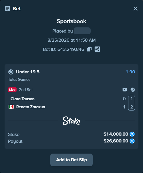 Bet slip: Clara Tauson - Renata Zarazua, $14,000.00 stake at 1.90 odds, placed by privetmedvet15