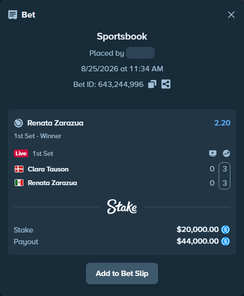 Bet slip: Clara Tauson - Renata Zarazua, $20,000.00 stake at 2.20 odds, placed by privetmedvet15