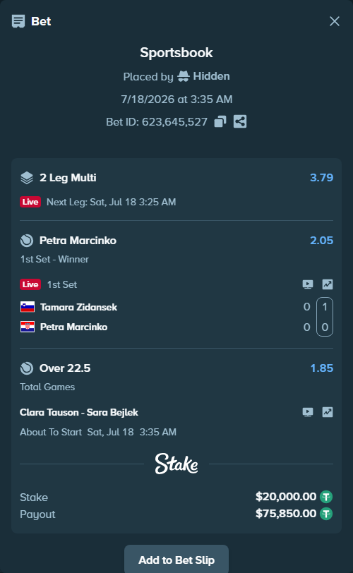 Bet slip: Clara Tauson - Sara Bejlek, $20,000.00 stake at 1.85 odds, placed by Hidden