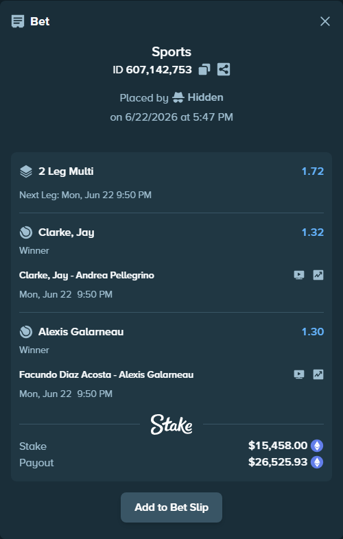 Bet slip: Clarke, Jay - Andrea Pellegrino, $14,086.44 stake at 1.32 odds, placed by Hidden
