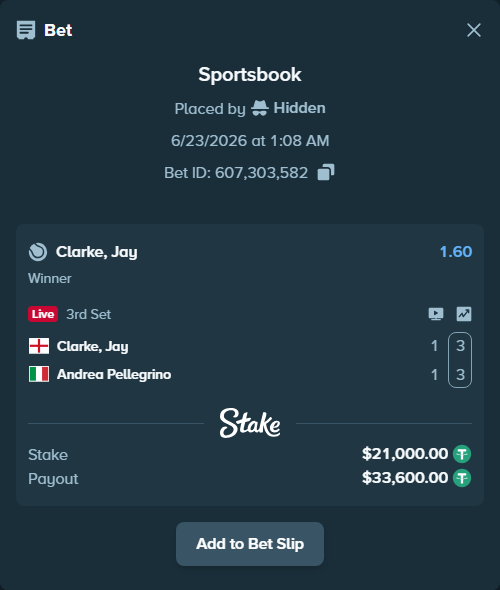 Bet slip: Clarke, Jay - Andrea Pellegrino, $21,021.00 stake at 1.60 odds, placed by Hidden