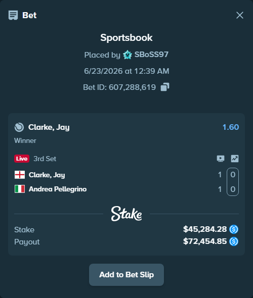 Bet slip: Clarke, Jay - Andrea Pellegrino, $45,284.28 stake at 1.60 odds, placed by SBoSS97