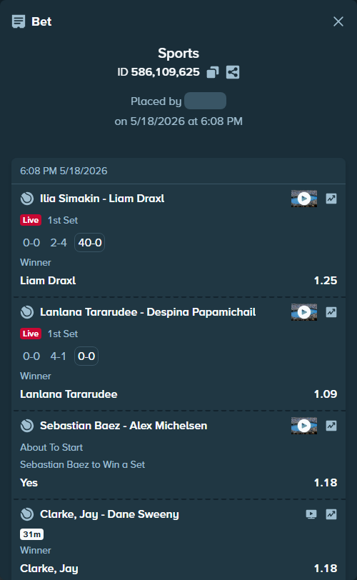Bet slip: Clarke, Jay - Dane Sweeny, $10,094.01 stake at 1.18 odds, placed by Sacha0305