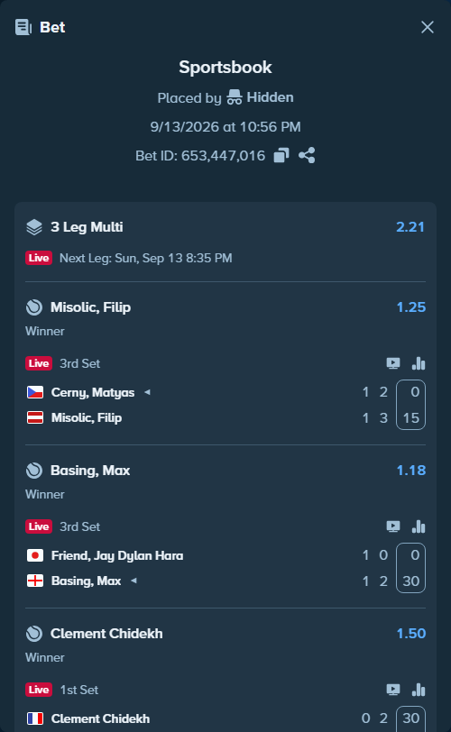 Bet slip: Clement Chidekh - Banerjee, Samir, $11,240.00 stake at 1.50 odds, placed by Hidden