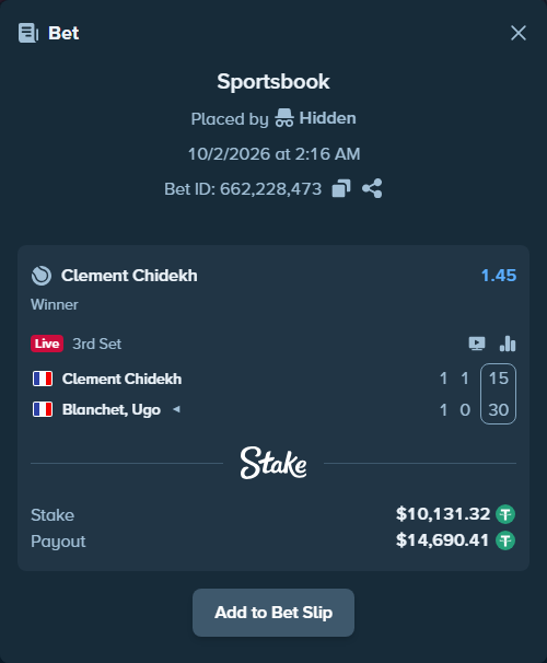 Bet slip: Clement Chidekh - Blanchet, Ugo, $10,131.32 stake at 1.45 odds, placed by nandonzr