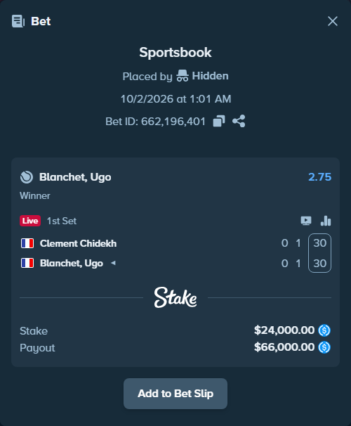 Bet slip: Clement Chidekh - Blanchet, Ugo, $24,000.00 stake at 2.75 odds, placed by Hidden