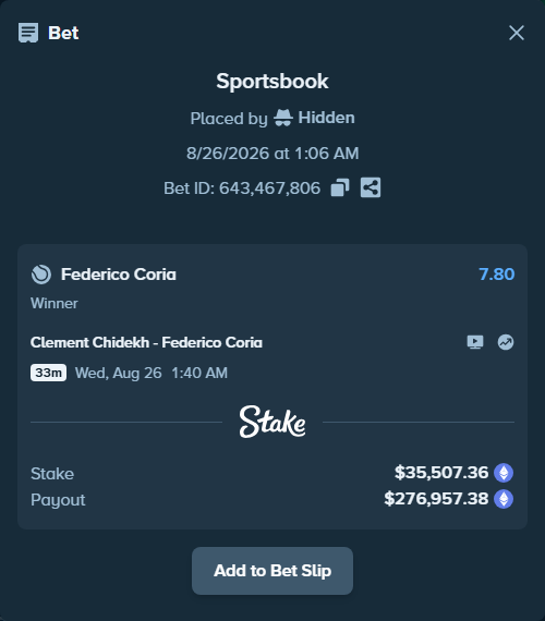 Bet slip: Clement Chidekh - Federico Coria, $35,293.58 stake at 7.80 odds, placed by Hidden