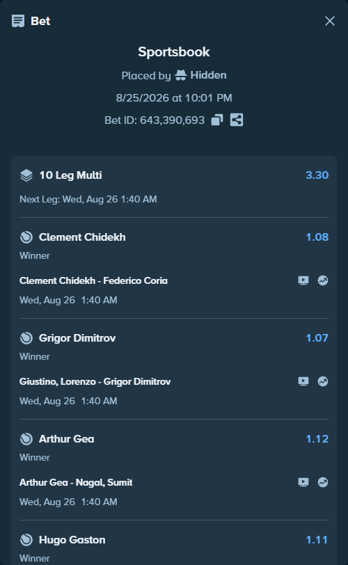 Bet slip: Clement Chidekh - Federico Coria, $73,370.18 stake at 1.08 odds, placed by Hidden