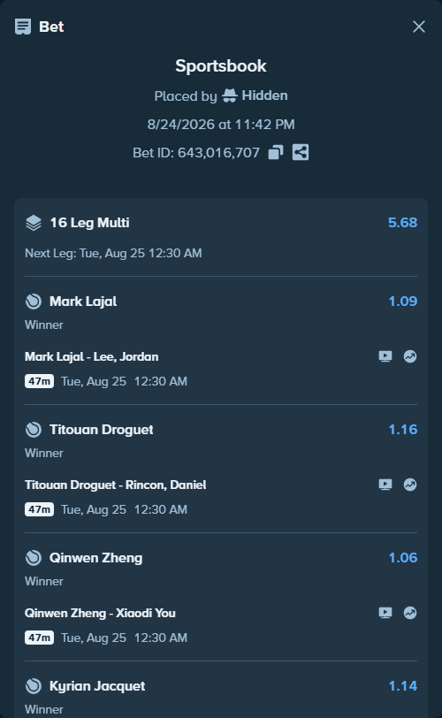 Bet slip: Clement Chidekh - Federico Coria, $75,000.00 stake at 1.05 odds, placed by Hidden