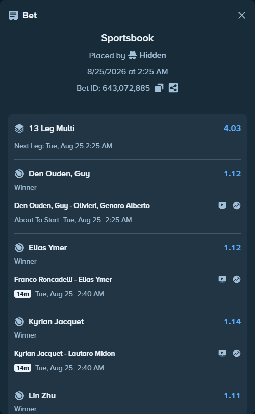 Bet slip: Clement Chidekh - Federico Coria, $75,000.00 stake at 1.06 odds, placed by Hidden