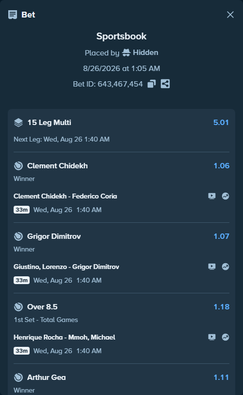 Bet slip: Clement Chidekh - Federico Coria, $75,000.00 stake at 1.06 odds, placed by Hidden
