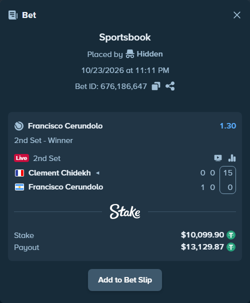 Bet slip: Clement Chidekh - Francisco Cerundolo, $10,110.00 stake at 1.30 odds, placed by diomancy