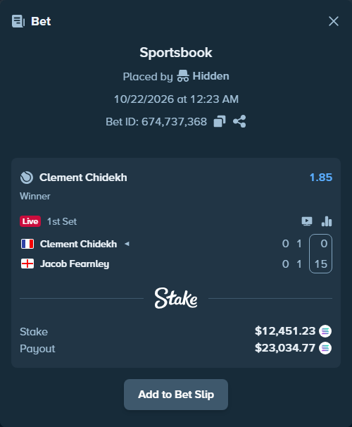 Bet slip: Clement Chidekh - Jacob Fearnley, $12,636.67 stake at 1.85 odds, placed by Hidden