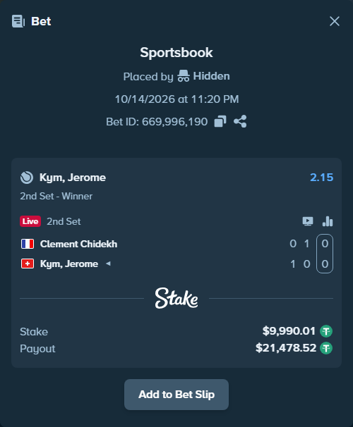 Bet slip: Clement Chidekh - Kym, Jerome, $10,000.00 stake at 2.15 odds, placed by Hidden