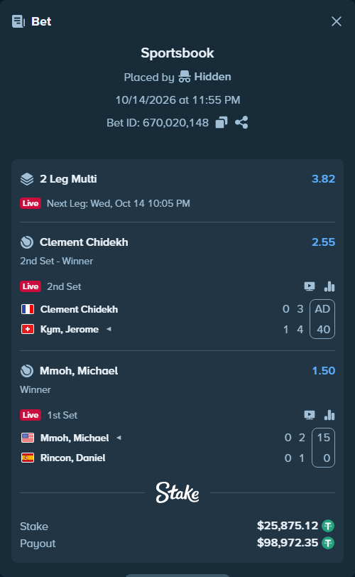 Bet slip: Clement Chidekh - Kym, Jerome, $25,901.00 stake at 2.55 odds, placed by Hidden