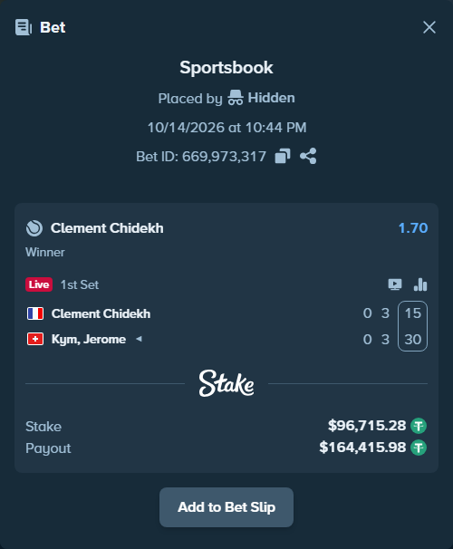 Bet slip: Clement Chidekh - Kym, Jerome, $96,812.00 stake at 1.70 odds, placed by Hidden
