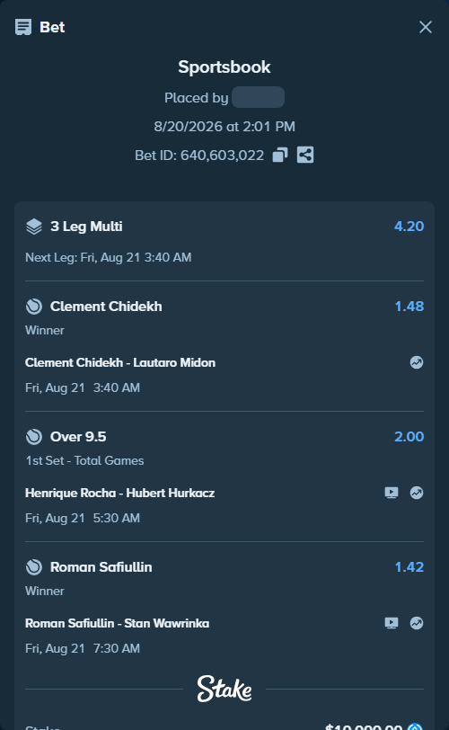 Bet slip: Clement Chidekh - Lautaro Midon, $10,000.00 stake at 1.48 odds, placed by kuwkuw