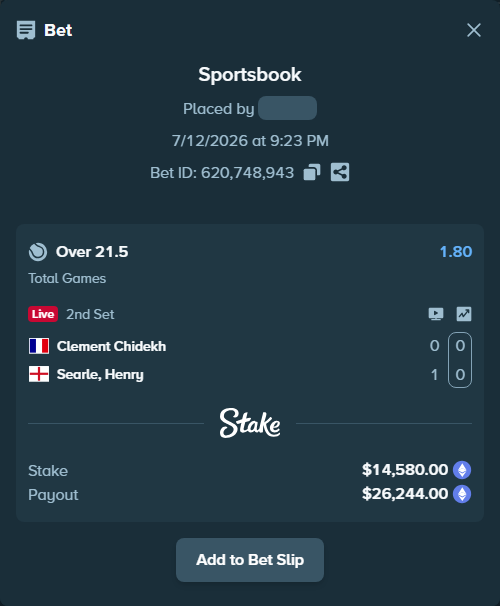 Bet slip: Clement Chidekh - Searle, Henry, $15,378.12 stake at 1.80 odds, placed by Kriski99