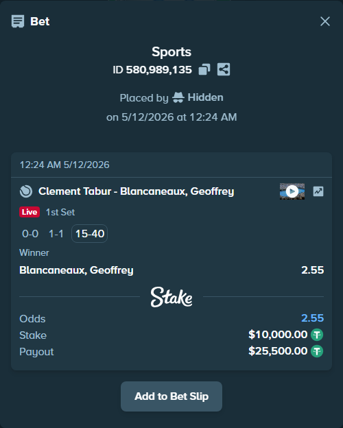 Bet slip: Clement Tabur - Blancaneaux, Geoffrey, $10,000.00 stake at 2.55 odds, placed by Hidden