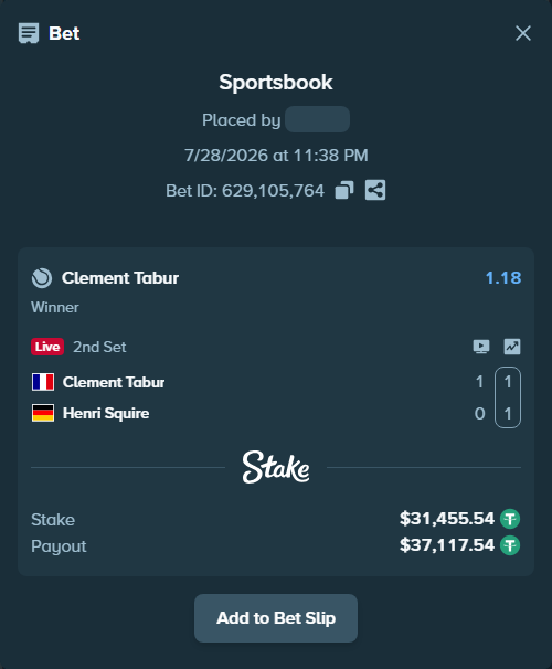 Bet slip: Clement Tabur - Henri Squire, $31,487.00 stake at 1.18 odds, placed by antoniku