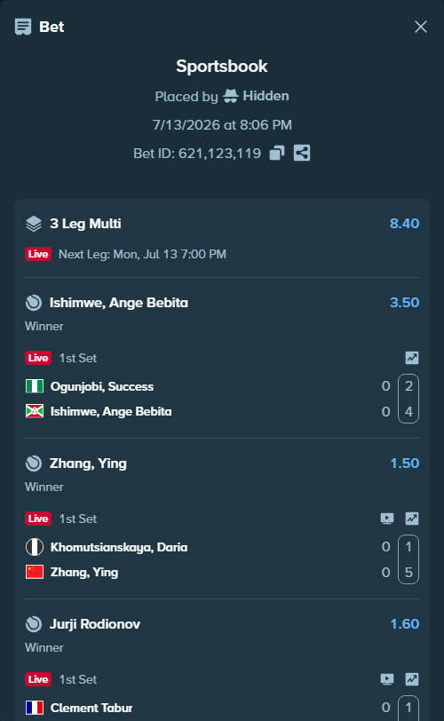 Bet slip: Clement Tabur - Jurji Rodionov, $10,000.00 stake at 1.60 odds, placed by Hidden