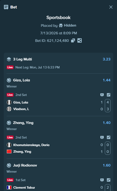 Bet slip: Clement Tabur - Jurji Rodionov, $10,000.00 stake at 1.60 odds, placed by Hidden