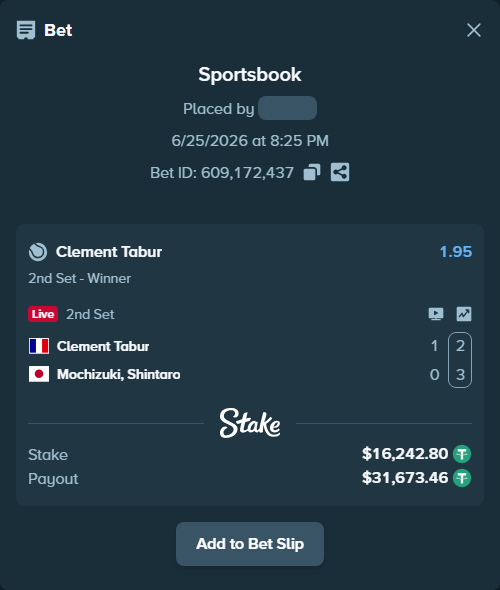 Bet slip: Clement Tabur - Mochizuki, Shintaro, $16,259.04 stake at 1.95 odds, placed by SBoSS97