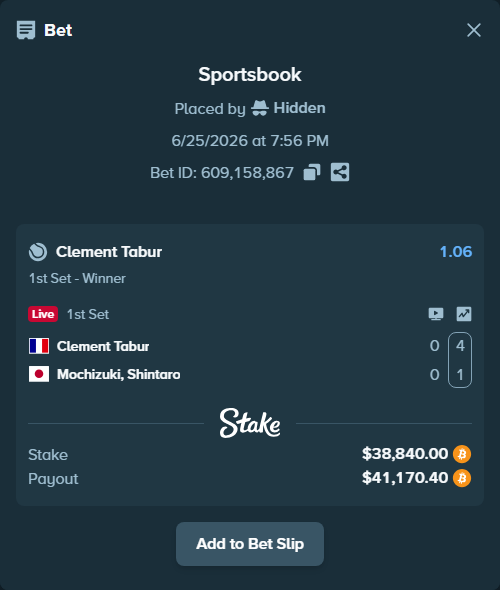 Bet slip: Clement Tabur - Mochizuki, Shintaro, $37,858.95 stake at 1.06 odds, placed by Hidden