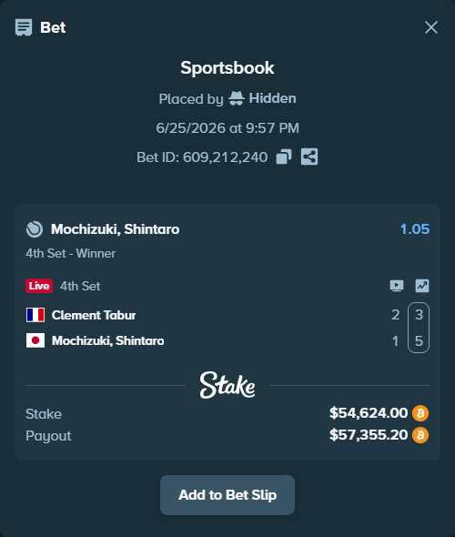 Bet slip: Clement Tabur - Mochizuki, Shintaro, $53,703.56 stake at 1.05 odds, placed by Hidden