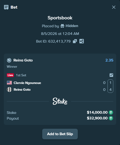 Bet slip: Clervie Ngounoue - Goto, R, $14,014.00 stake at 2.35 odds, placed by Hidden