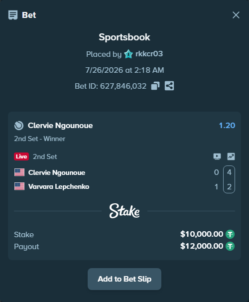 Bet slip: Clervie Ngounoue - Varvara Lepchenko, $10,000.00 stake at 1.20 odds, placed by rkkcr03