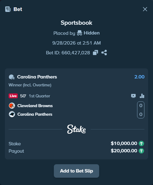 Bet slip: Cleveland Browns - Carolina Panthers, $10,000.00 stake at 2.00 odds, placed by carissagu2