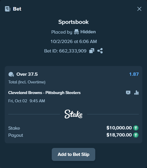 Bet slip: Cleveland Browns - Pittsburgh Steelers, $10,000.00 stake at 1.87 odds, placed by Ncs00