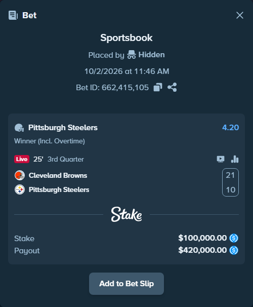 Bet slip: Cleveland Browns - Pittsburgh Steelers, $100,000.00 stake at 4.20 odds, placed by Hidden
