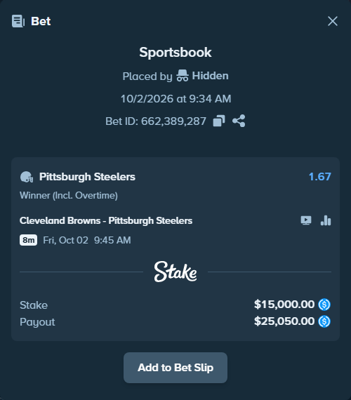Bet slip: Cleveland Browns - Pittsburgh Steelers, $15,000.00 stake at 1.67 odds, placed by Kazlic