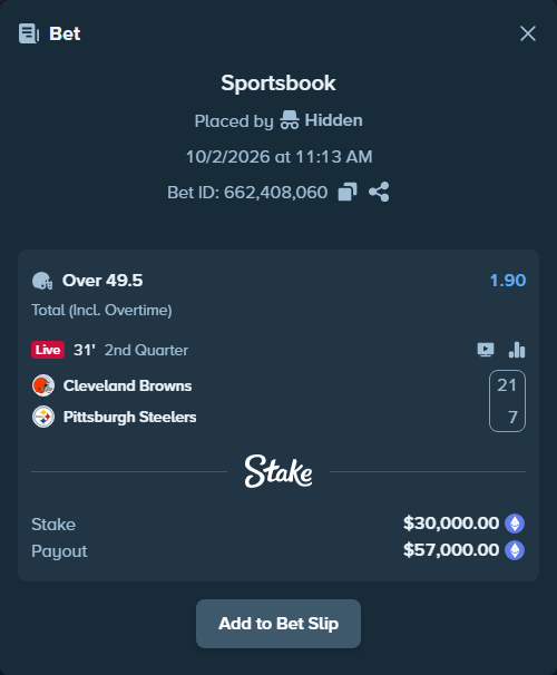 Bet slip: Cleveland Browns - Pittsburgh Steelers, $30,561.05 stake at 1.90 odds, placed by Jollysea