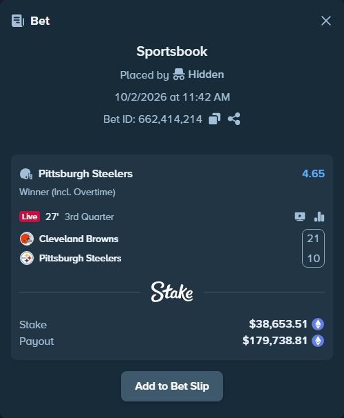 Bet slip: Cleveland Browns - Pittsburgh Steelers, $39,149.19 stake at 4.65 odds, placed by XposedTwirch