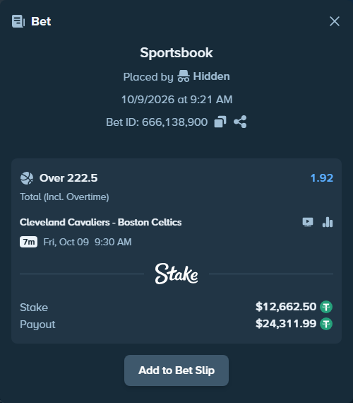Bet slip: Cleveland Cavaliers - Boston Celtics, $12,675.16 stake at 1.92 odds, placed by Theketkitkitty