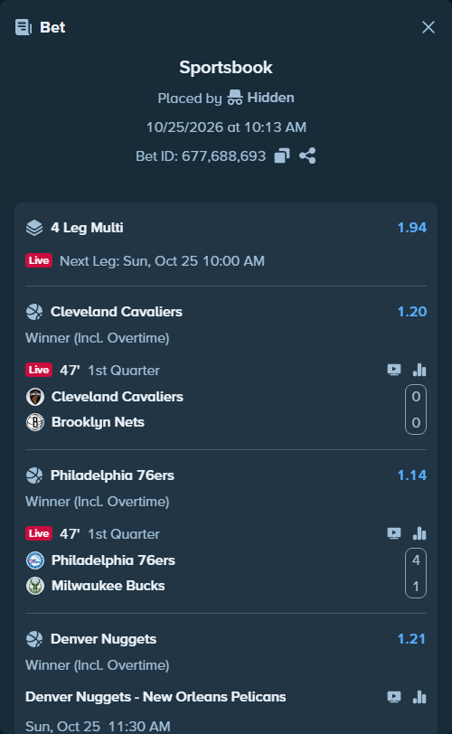 Bet slip: Cleveland Cavaliers - Brooklyn Nets, $10,100.00 stake at 1.20 odds, placed by Hidden