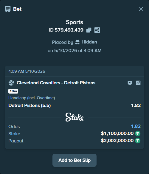 Bet slip: Cleveland Cavaliers - Detroit Pistons, $1,100,000.00 stake at 1.82 odds, placed by Hidden