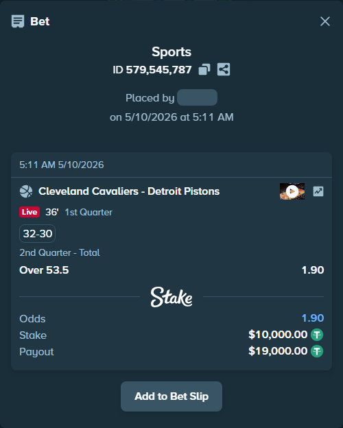Bet slip: Cleveland Cavaliers - Detroit Pistons, $10,000.00 stake at 1.90 odds, placed by unruly72227
