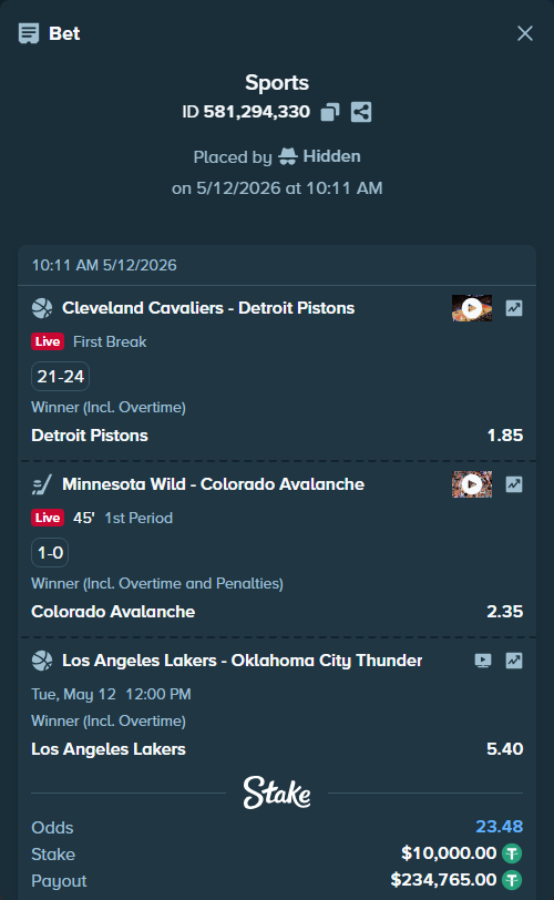 Bet slip: Cleveland Cavaliers - Detroit Pistons, $10,000.00 stake at 1.85 odds, placed by Hidden