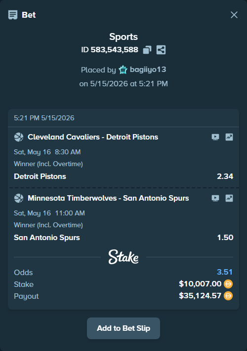 Bet slip: Cleveland Cavaliers - Detroit Pistons, $10,007.00 stake at 2.34 odds, placed by bagiiyo13