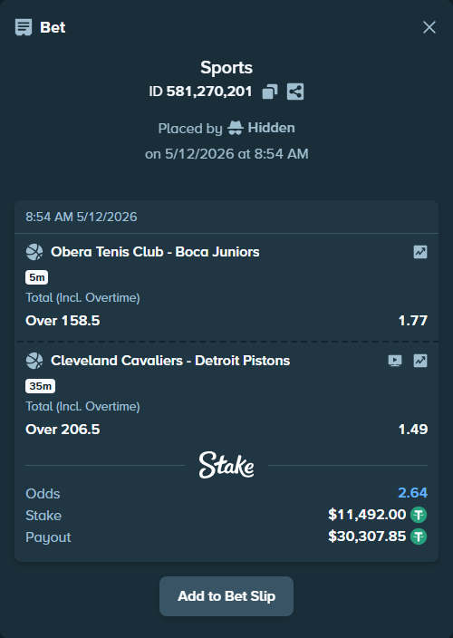 Bet slip: Cleveland Cavaliers - Detroit Pistons, $11,492.00 stake at 1.49 odds, placed by Hidden