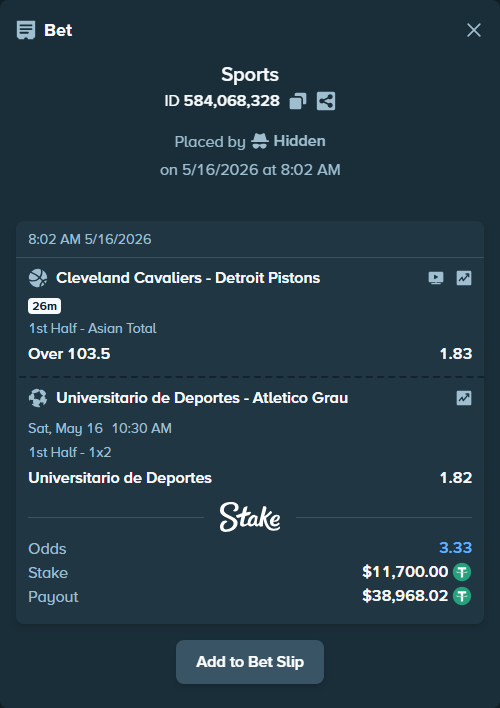 Bet slip: Cleveland Cavaliers - Detroit Pistons, $11,711.70 stake at 1.83 odds, placed by Hidden